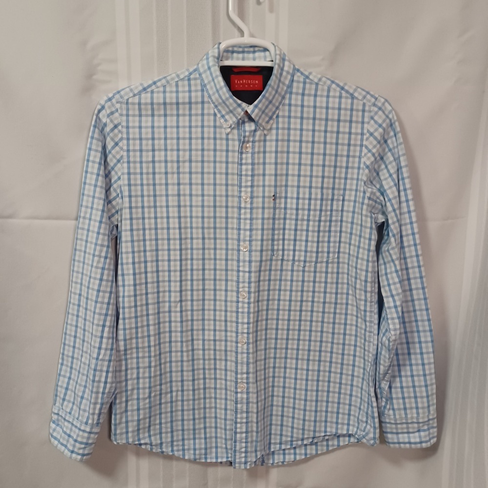 Van Heusen Button Down Mens M Blue Gingham‎ Sport Long Sleeve Check Shirt